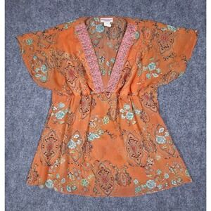 Meghan Noland Tunic Top Womens L Orange Paisley Embroidered V-Neck Metallic Boho